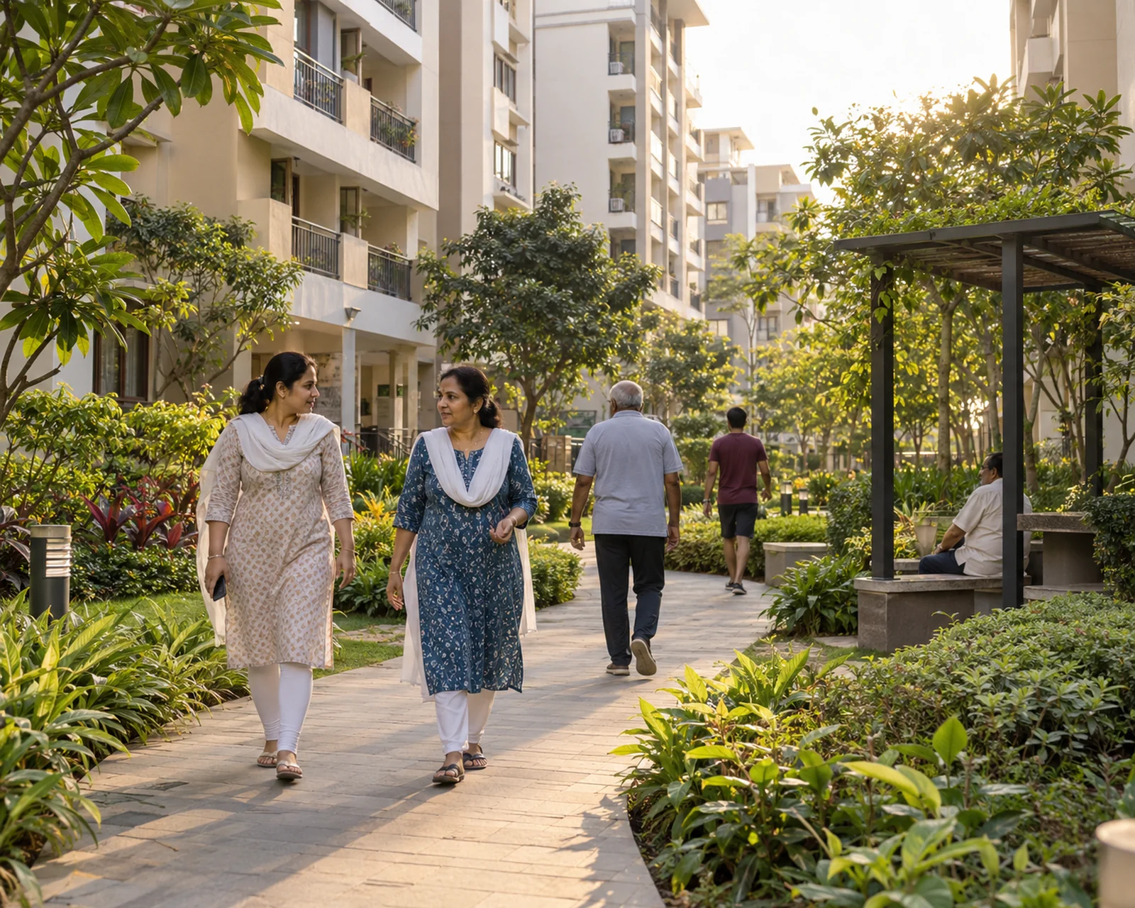 Residents walking through an Indian apartment courtyard.