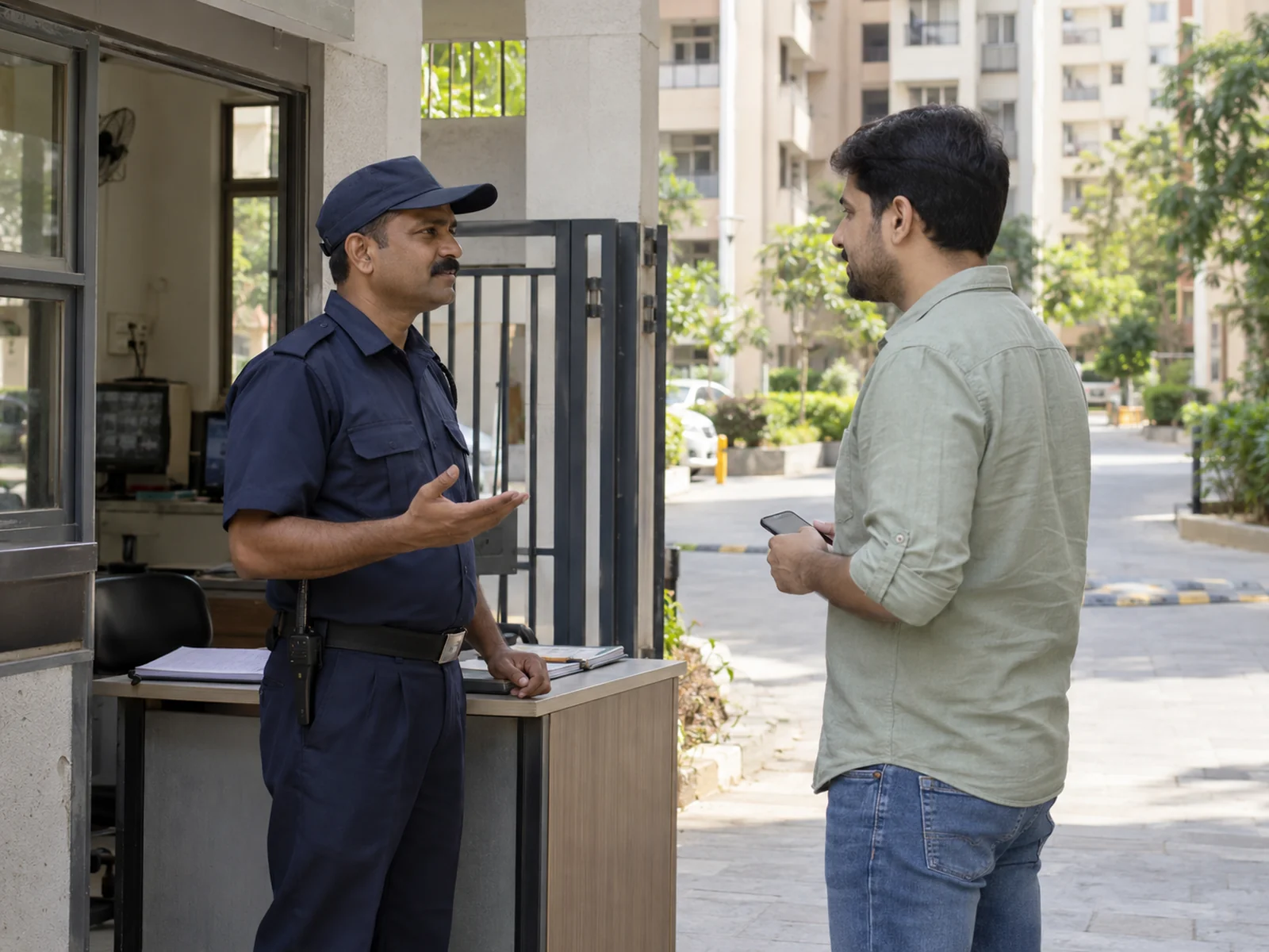 A security guard speaking with a resident at an apartment entrance.
