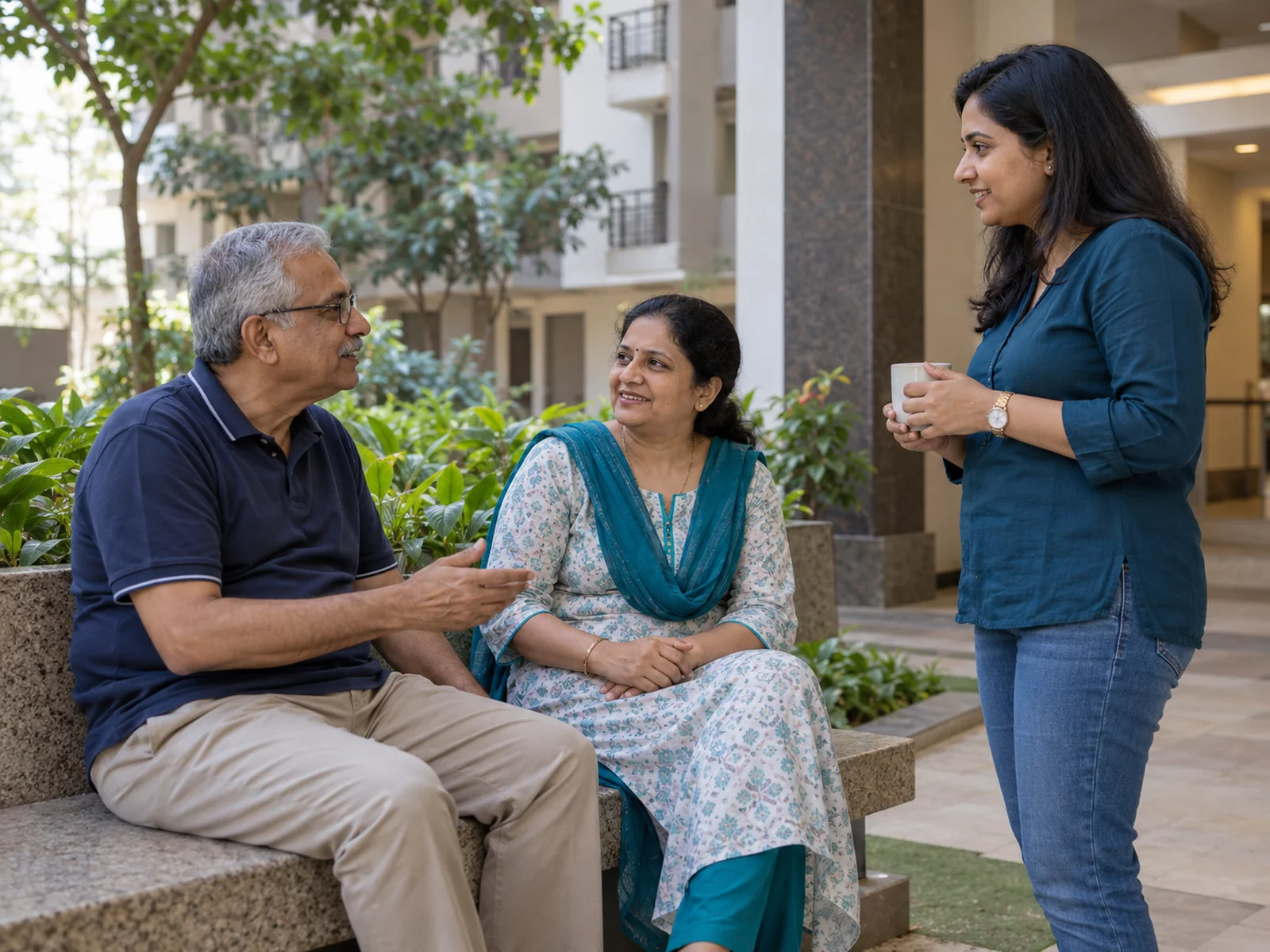 Three residents talking beside a shaded courtyard bench.